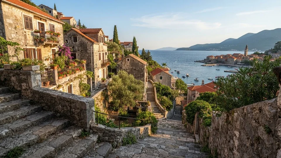 Kamenné domy a schodiště nad zálivem v Herceg Novi