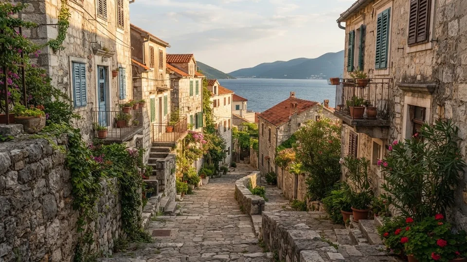 Kamenné domy na svahu nad nábřežím v Herceg Novi