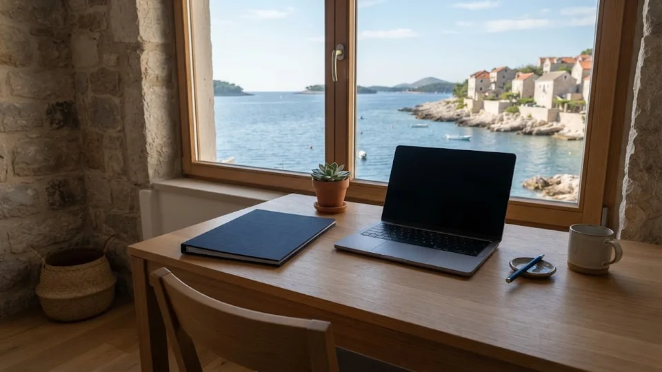 Pracovní stůl s deskami a notebookem u okna s výhledem na Jadran