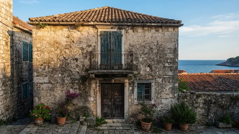 Detail kamenné fasády domu v Herceg Novi s taškovou střechou