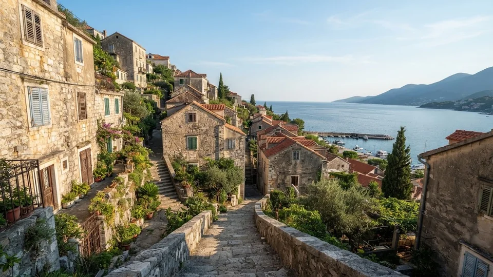 Kamenné domy a schodiště nad zálivem v Herceg Novi