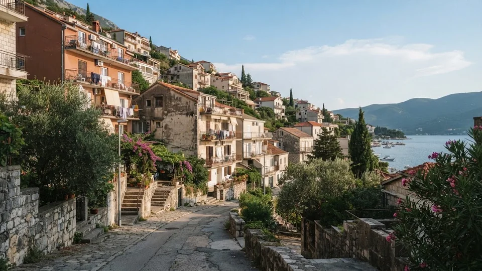 Bytové domy s balkony na svahu nad zálivem v Herceg Novi