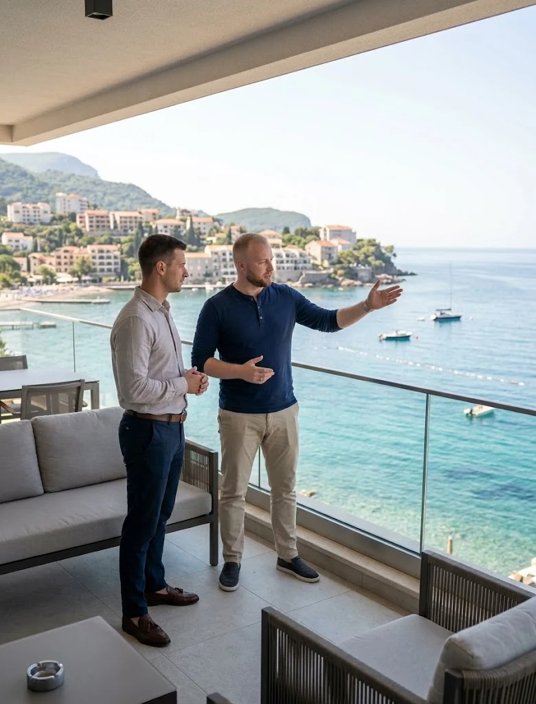 Realitní expert při prohlídce apartmánu u moře v Budvě a Bečići