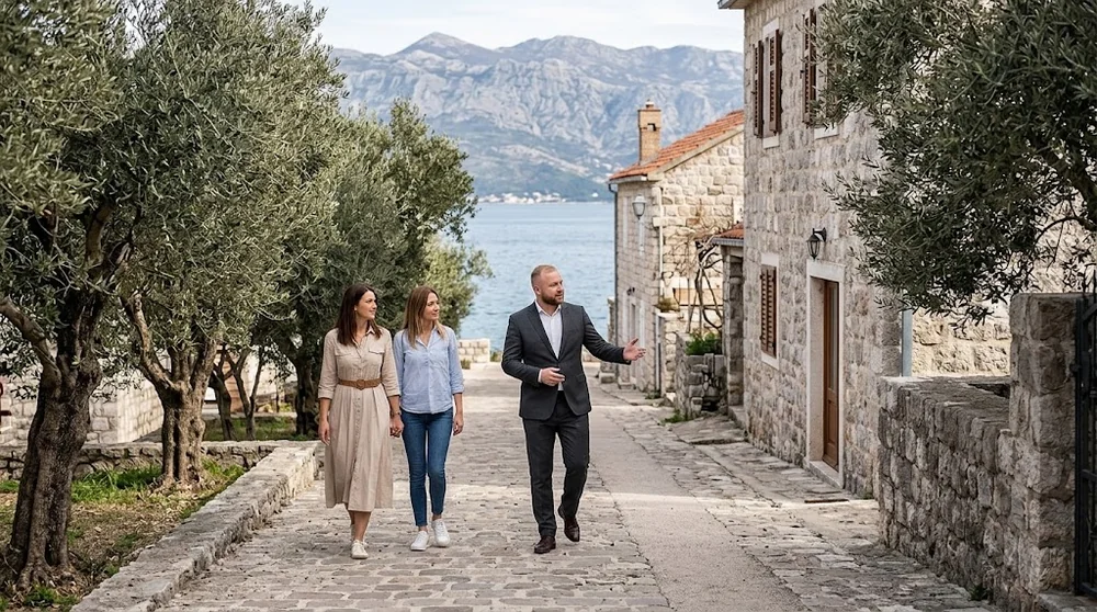 Prohlídka bydlení na Luštici u moře mezi kamennými domy a olivovníky