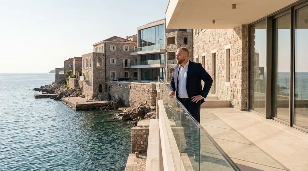 Realitní expert při prohlídce nemovitosti v první linii u moře v Budvě