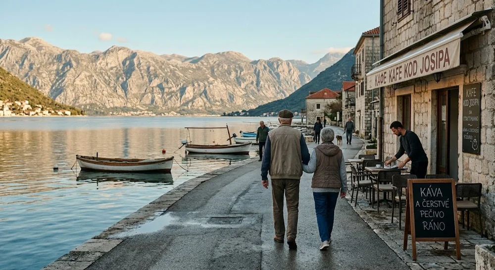 Ranní život na promenádě Pet Danica v Herceg Novi
