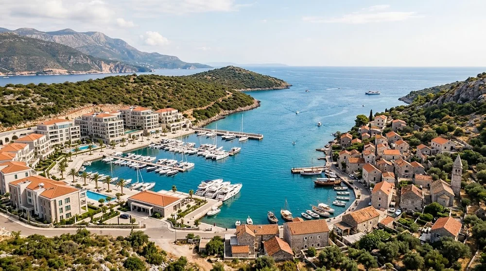 Moderní resortní zástavba a tradiční pobřežní domy na poloostrově Luštica